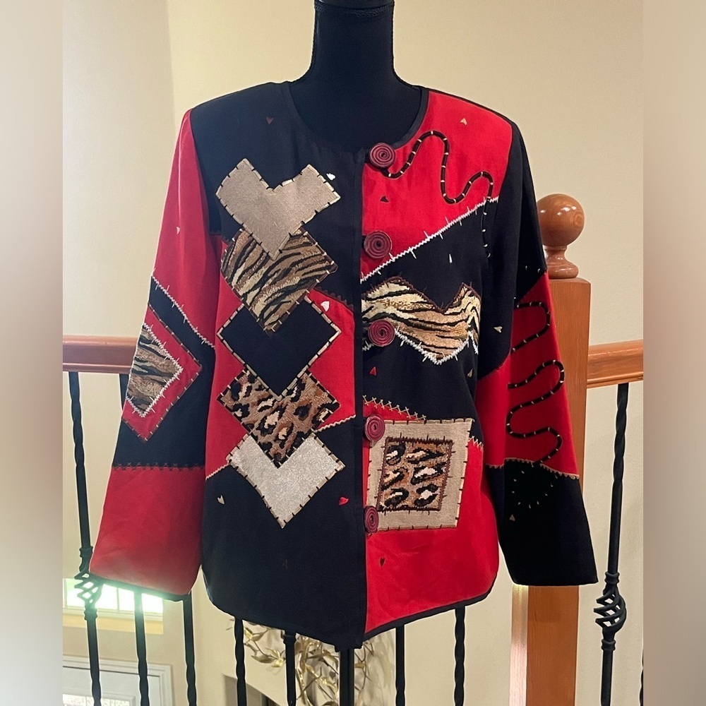 Indigo Moon Black & RED Embroidered Jacket, ART TO WEAR, ETHNIC, WOMEN SIZE M.
